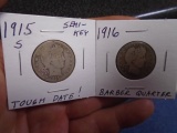 1915 S Mint & 1916 Silver Barber Quarters