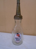 Wolf's Head Motor Oil 1 Quart Glass Oil Bottle w/ Spout