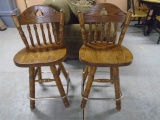 2 Matching Solid Oak Counter Height Swivel Stools