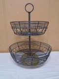 2 Tier Metal Basket on Wood Base