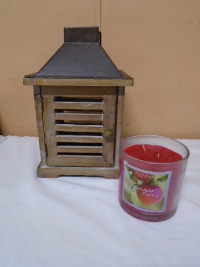 Wood & Metal Candle Lantern w/ New 2 Wick Jar Handle