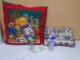 2 Christmas Accent Pillows & 3 Snowman Figurines