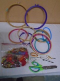 Large Group of Embroidery Hoops-Thread-Scissors