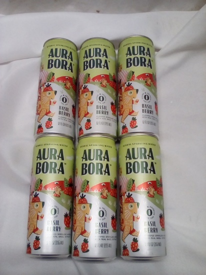 Aura Bora Herbal Sparkling Water. Basil Berry. Qty 6 12 fl oz Cans.