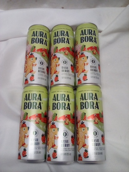 Aura Bora Herbal Sparkling Water. Basil Berry. Qty 6 12 fl oz Cans.