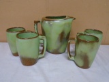 Vintage Frankoma Pottery Prarie Green Pitcher & 4 Matching Mugs
