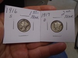 1916 S Mint & 1917 D Mint Silver Mercury Dimes