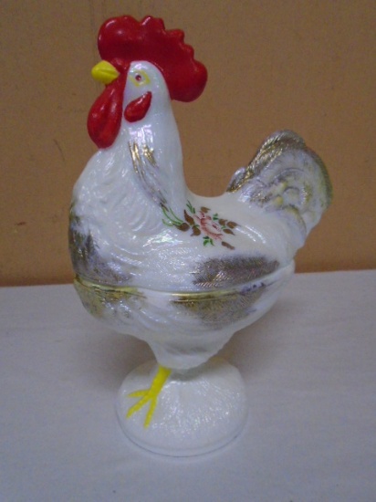 Vintage Hand Painted and Signed Glass Rooster Cany Dish