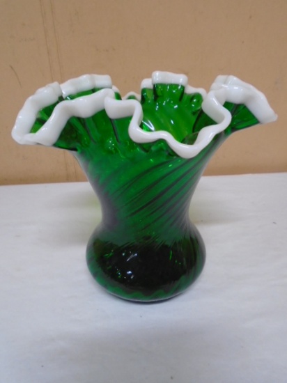 Vintage Fenton Emerald Green Optic Swirl Snow Crest Vase