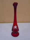 Vintage Fenton Signed Hand Painted Ruby Stretched Swung Glass Vase
