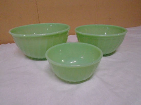 Vintage 3pc Set of Jadeite Fire King Swirl Mixing Bowls