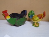 Metal Art Chicken Basket & Ceramic Chicken Statue