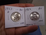 1953 D Mint & 1954 Silver Washington Quarters