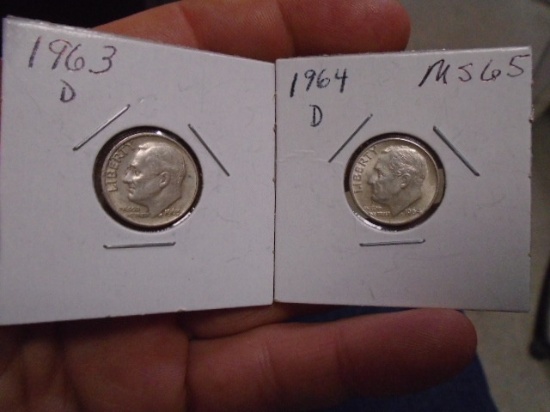 1963 D Mint & 1964 D Mint Silver Roosevelt Dimes