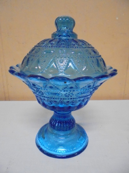 Vintage Kemple Wheaton Dew Drop & Lace Pattern Blue Glass Covered Candy Dish