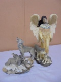 Indian Angel & Wolf Statue 2pc Set