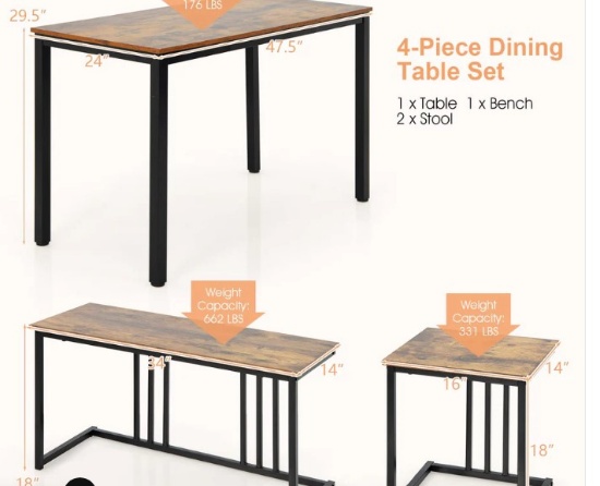 Costway 4 Pieces Brown Industrial Dining Table Set with Bench and 2 Stools