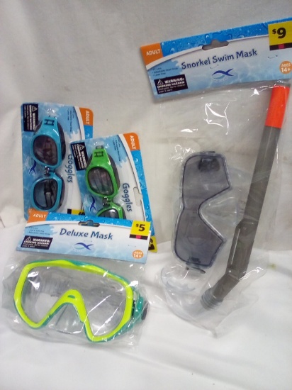 adult snorkel kit, 2 adult goggles, 1 adult mask
