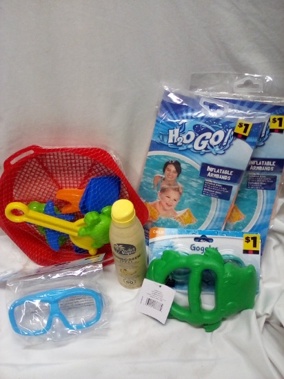 inflatable arm bands (x2), goggle& mask sz: child,sand toys, sunscreen