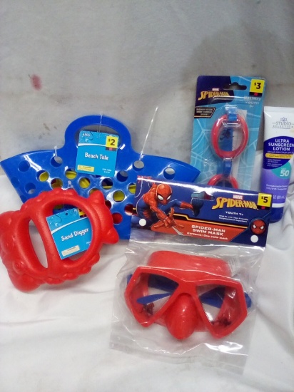 Sand toys, sunscreen, spiderman mask & spiderman goggles sz:child