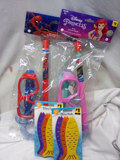 princess snorkel kit, Spiderman snorkel Kit, dive fish (x2)