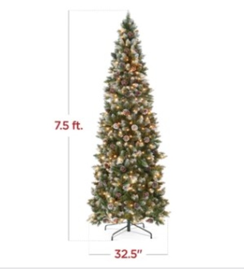 Pre-Lit Partially Flocked Pencil Christmas Tree w/ Pine Cones, Metal Stand