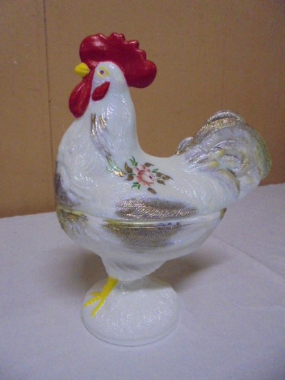 Vintage Handpainted and Signed Glass Rooster Candy Dish