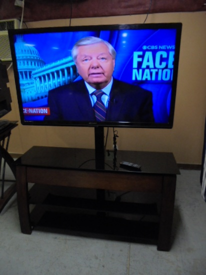 50" Emerson LED Flat Panel TV w/ Remote Mounted on TV Stand w/ 3 Glass Shelve & Drawer