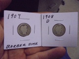 1907 & 1908 D Mint Silver Dimes