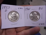 1953 D Mint & 1961 Silver Washington Quarters