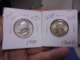 1950 & 1964 D Mint Silver Washington Quarter