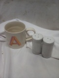 Monogram A Mug & Salt/Pepper Shaker Set.