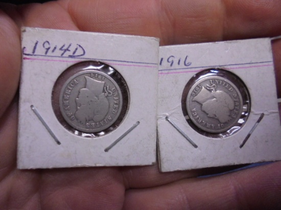 1914 D Mint & 1916 Silver Barber Dimes