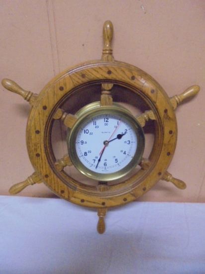 Solid Oak & Brass Ships Wheel Wall Clock