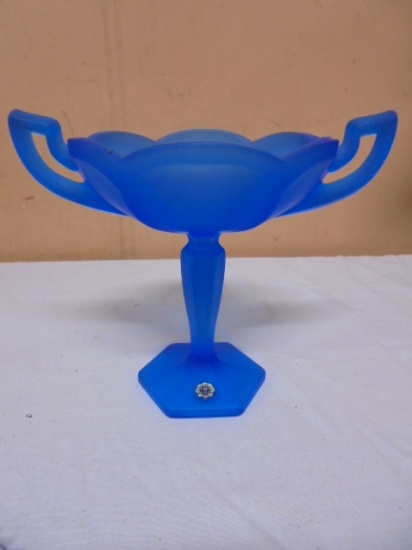 Vintage Westmoreland Frosted Blue Glass Double Handled Pedistal Bowl