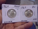 1964 Proof Silver & 1964 Brilliant Uncirculated Silver Washington Quarters