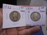1932 & 1934 D Mint Silver Washington Quarters