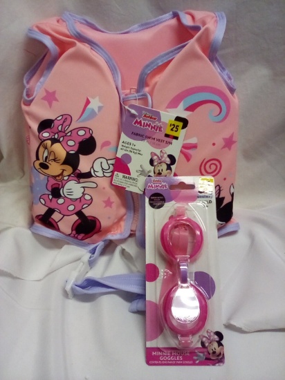 2Pc Disney Swim Set- Minnie (1 Fabric Swim Vest, 1 Pr of Goggles)