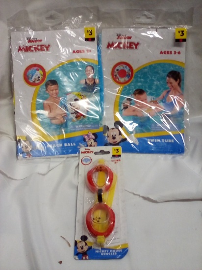3Pc Disney Swim Set- Mickey (1 Beach Ball, 1 Swim Tube, 1 Pr of Goggles)
