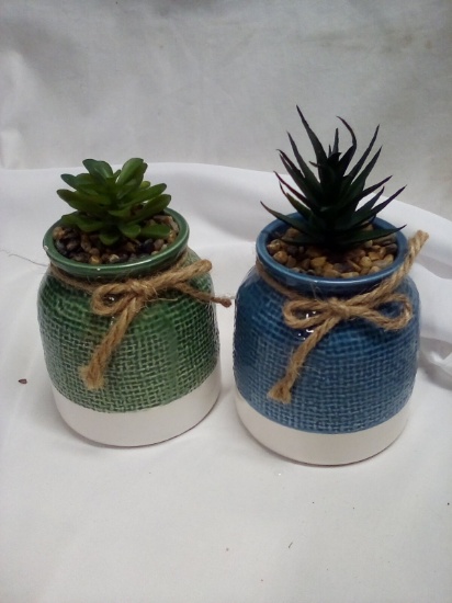 Pair of Glass Base Mini Artificial Plants