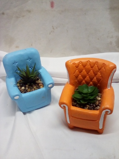 Pair of Heavy Ceramic Base Mini “Lazy Boy” Artificial Plants