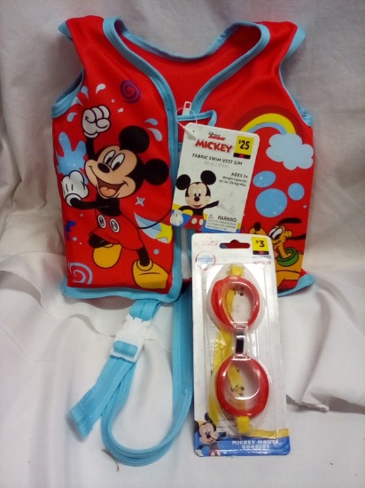 2Pc Disney Swim Set- Mickey (1 Fabric Swim Vest, 1 Pr of Goggles)