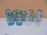Group of 9 Vintage Blue & Clear Glass Quart Ball Canning Jars