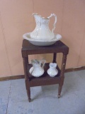 Vintage Solid Wood Wash Stand w/ Ironstone Pitchers & Bowl