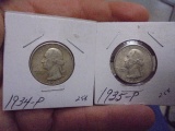 1934 P Mint & 1935 P Mint Silver Washington Quarters