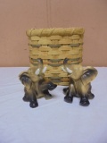 2 Vintage Porcelain Elephant Figurines & Wicker Basket