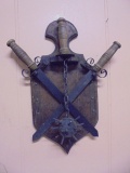 Vintage Medievel Look Crossed Swords & Mace on Wood Wall Display