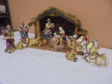 Lighted Wooden Nativity w/ Porcelain Figurines