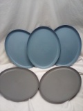 Set of 5- Plastic Oval Plates. 3 Blue & 2 Gray.