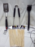 Flame & Glo Grilling Set. Tongs, Spatula, Grill Brush, & Bamboo Skewers.